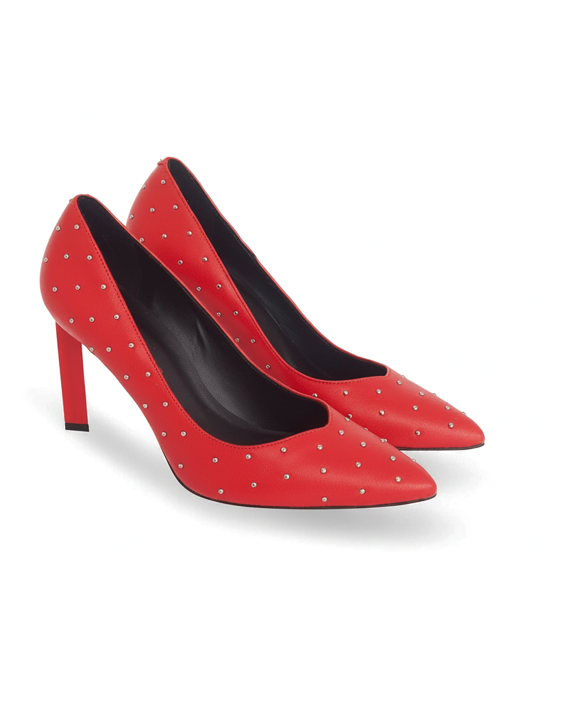 Callisia red leather pumps three quarter view showing pointed toe and hand set silver studs