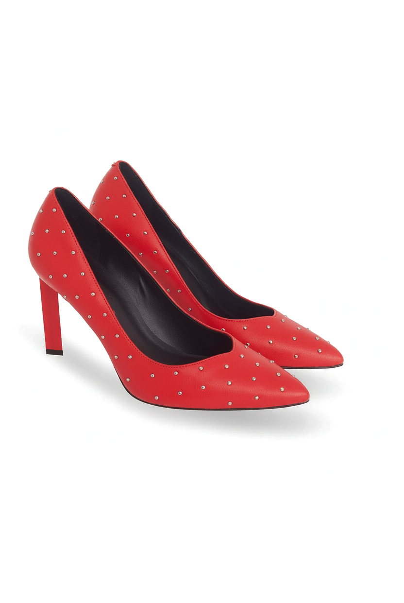 Callisia red leather pumps three quarter view showing pointed toe and hand set silver studs