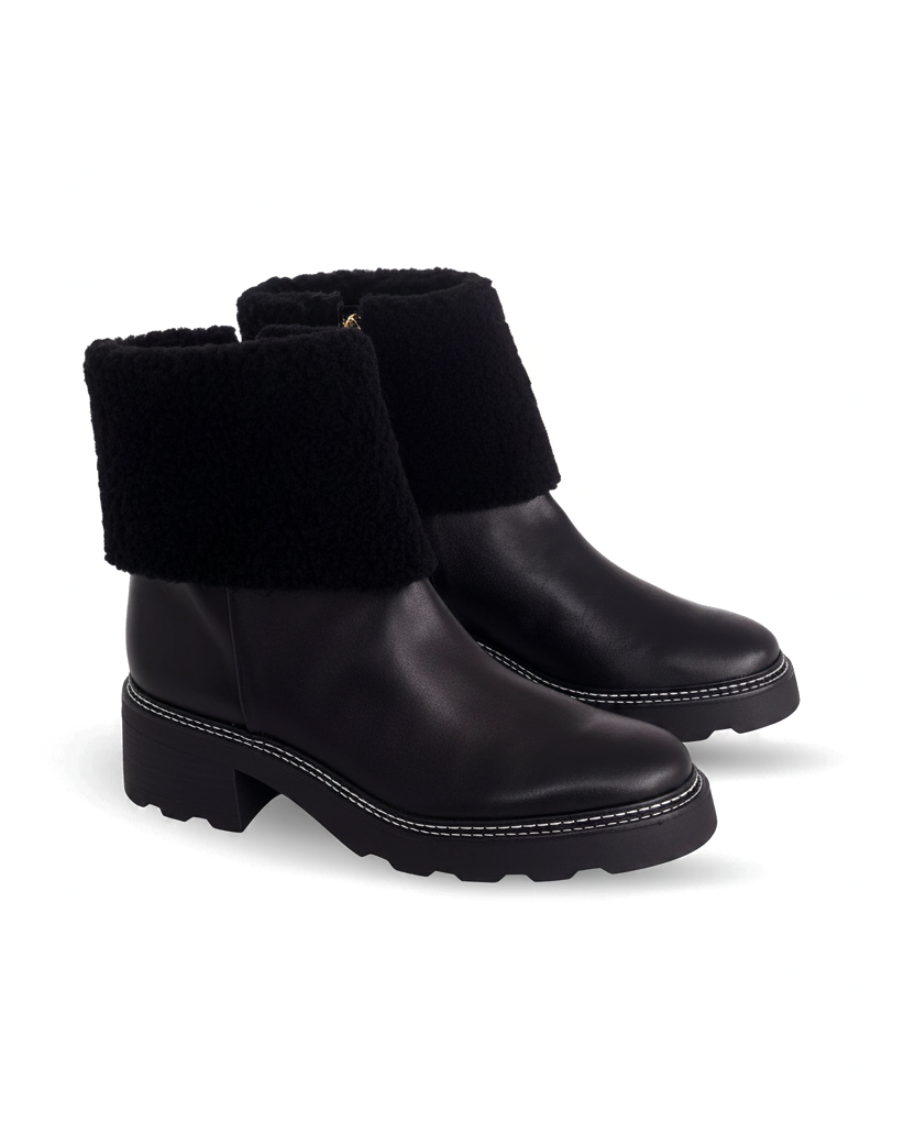 Andira black leather ankle boots three quarter view showing the folded shearling collar