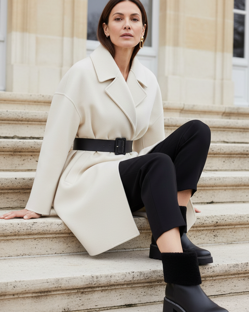 Andira black leather shearling ankle boots styled with an ivory belted cocoon wool coat and slim black trousers on pale stone steps in winter
