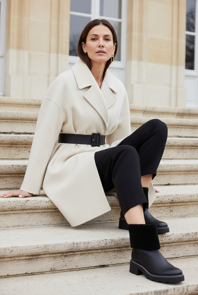 Andira black leather shearling ankle boots styled with an ivory belted cocoon wool coat and slim black trousers on pale stone steps in winter