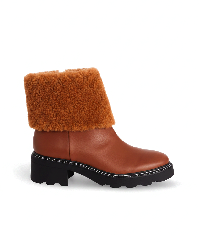 Andira cognac brown leather ankle boots with shearling collar, side view on white background