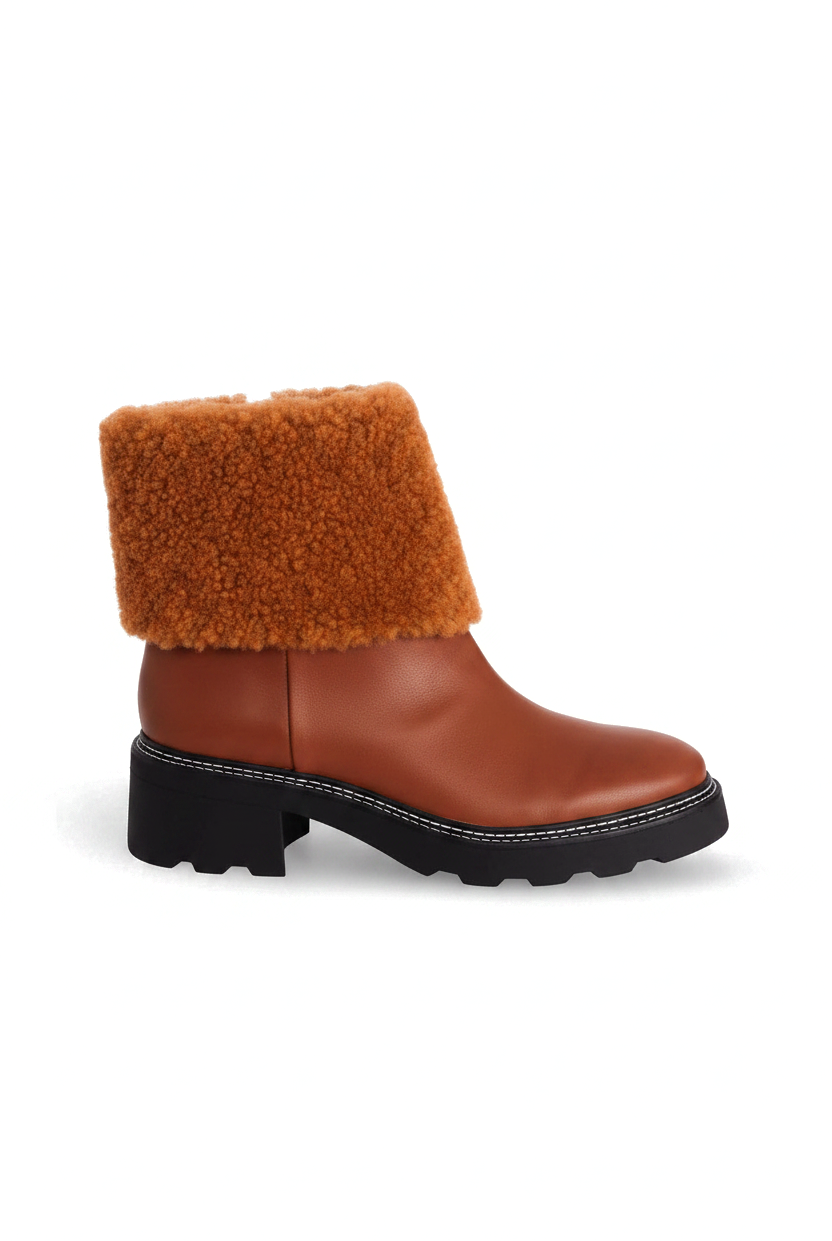 Andira cognac brown leather ankle boots with shearling collar, side view on white background
