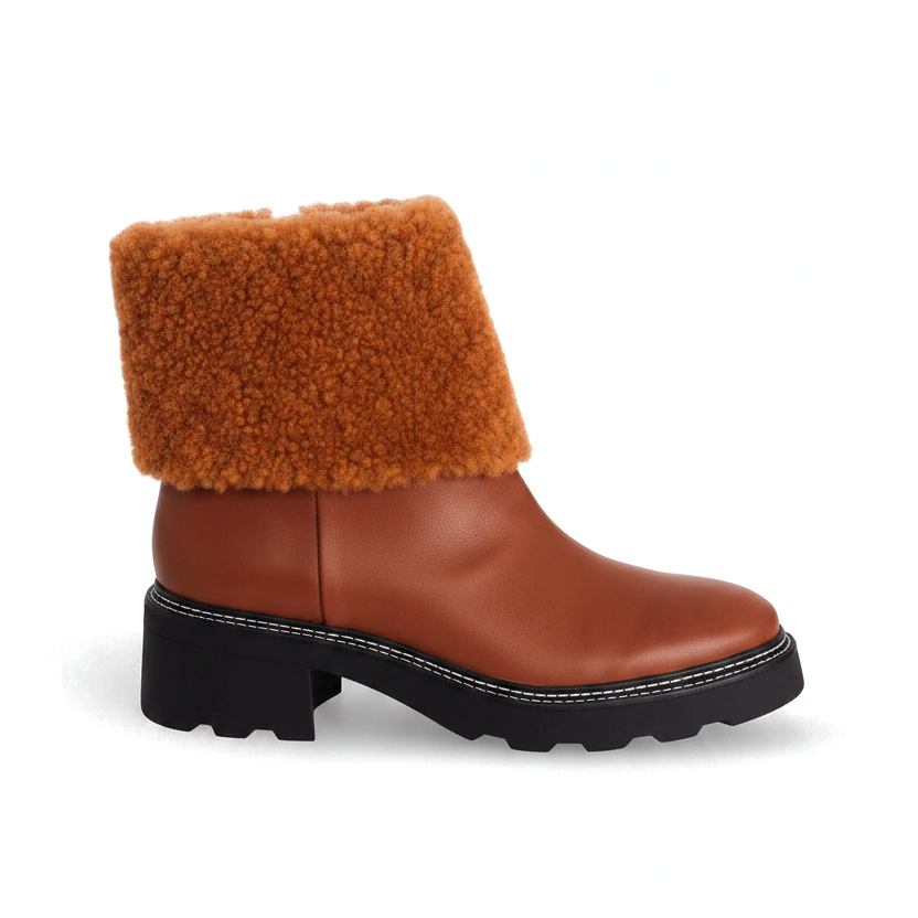 Andira cognac brown leather ankle boots with shearling collar, side view on white background