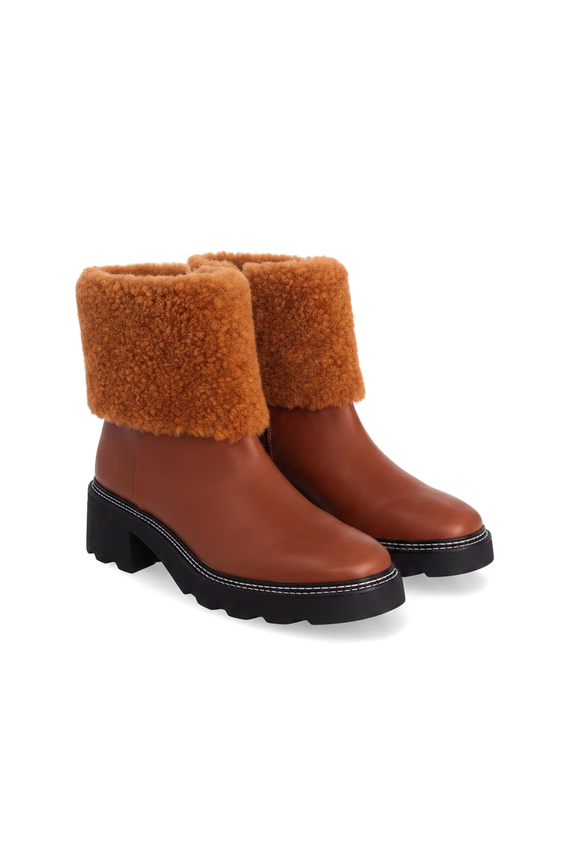 Andira brown leather ankle boots with shearling collar and black lugged sole, three quarter view