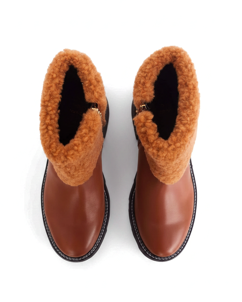 Andira brown leather ankle boots top view showing shearling collar opening