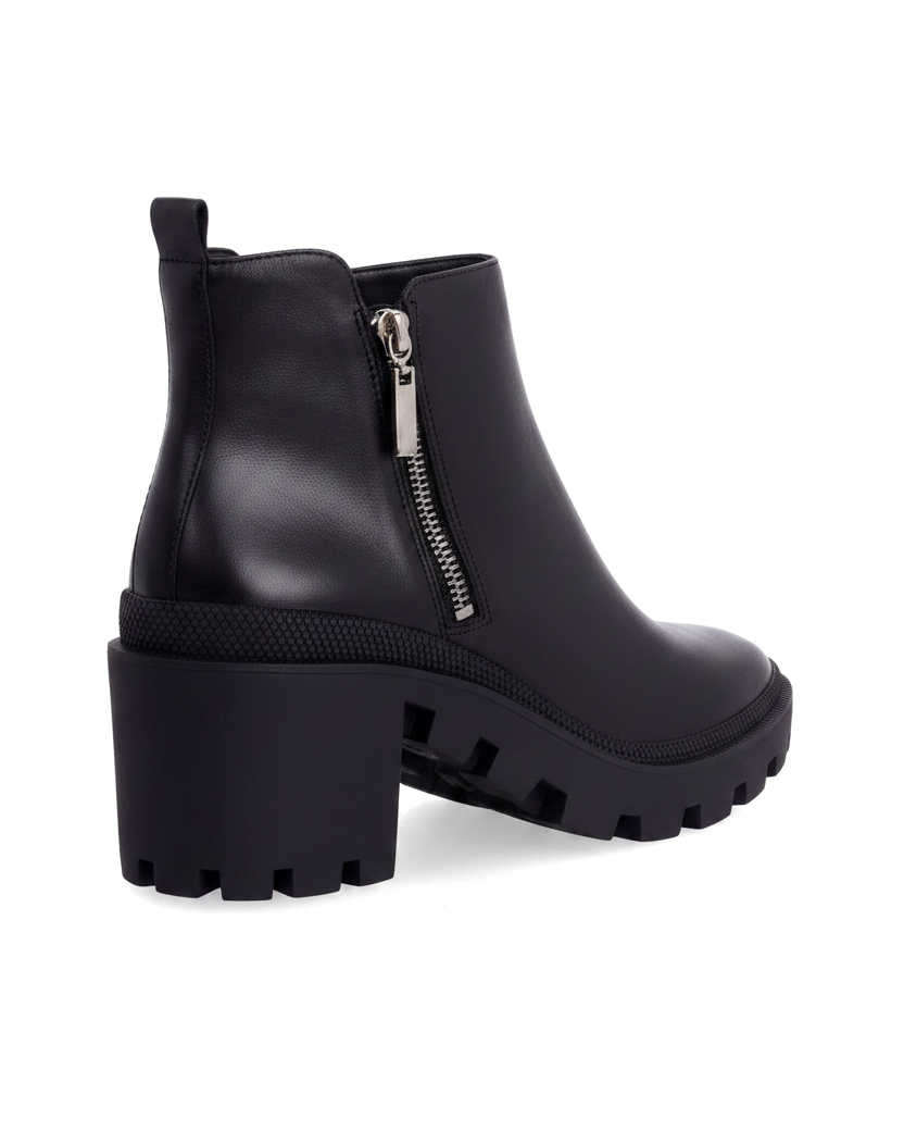 Sophora black leather ankle boots showing the chunky block heel and silver side zip