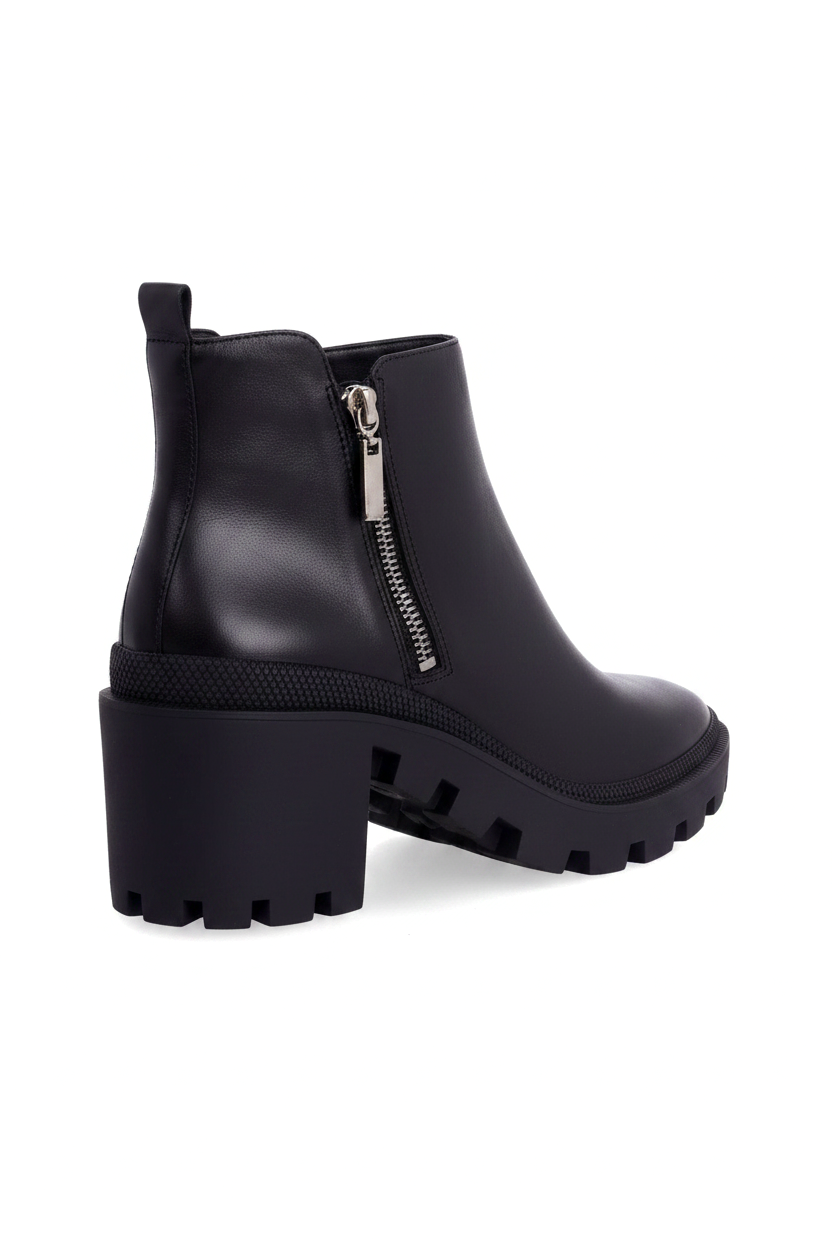 Sophora black leather ankle boots showing the chunky block heel and silver side zip