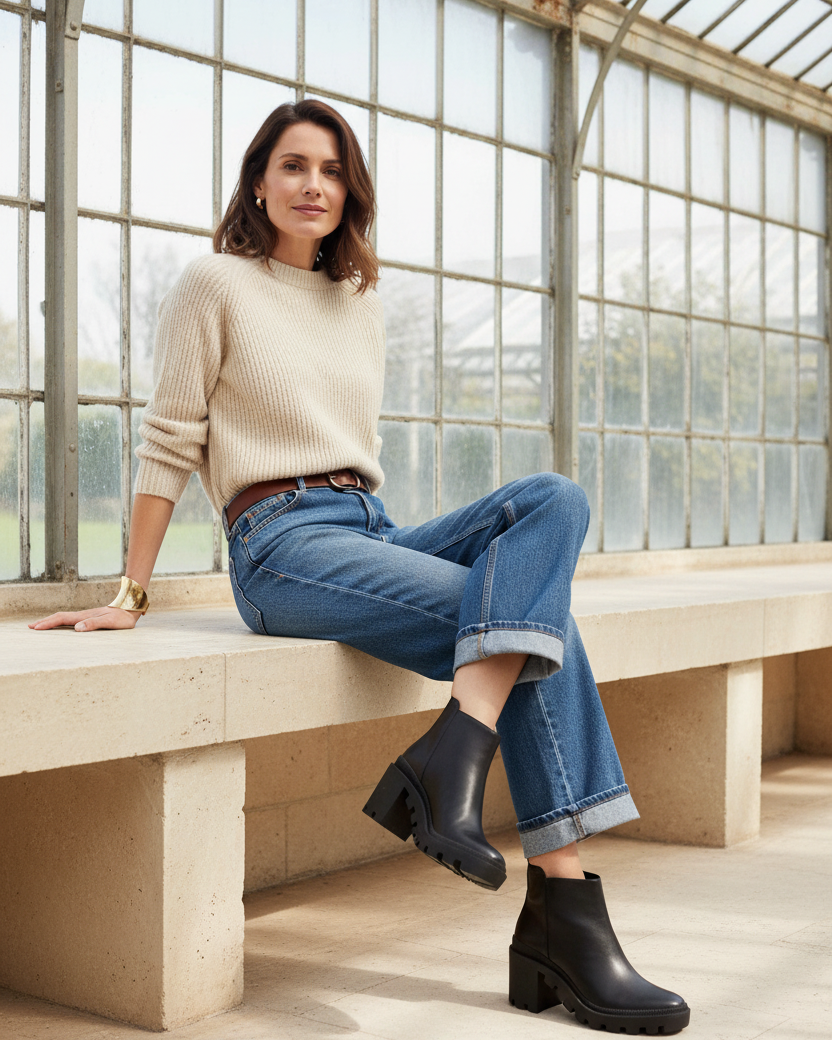 Woman wearing Sophora black lug sole ankle boots with turned up jeans in an orangery