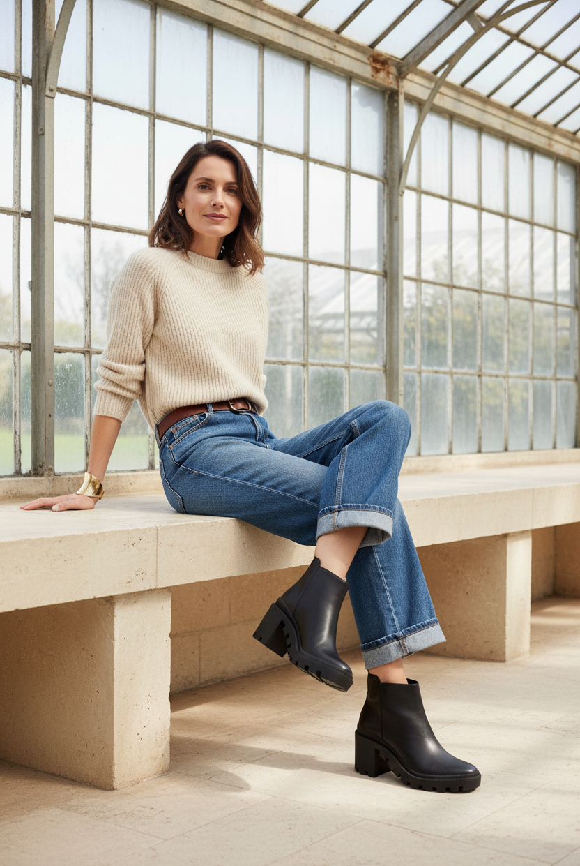 Woman wearing Sophora black lug sole ankle boots with turned up jeans in an orangery