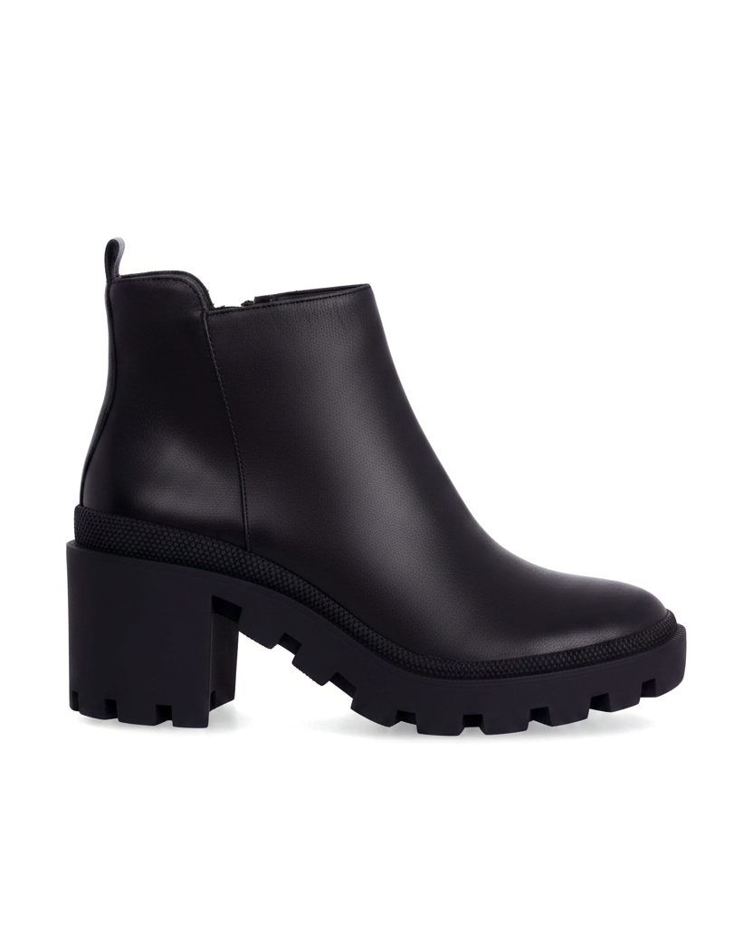 Sophora black leather ankle boots with chunky lug sole and block heel, side view on white background