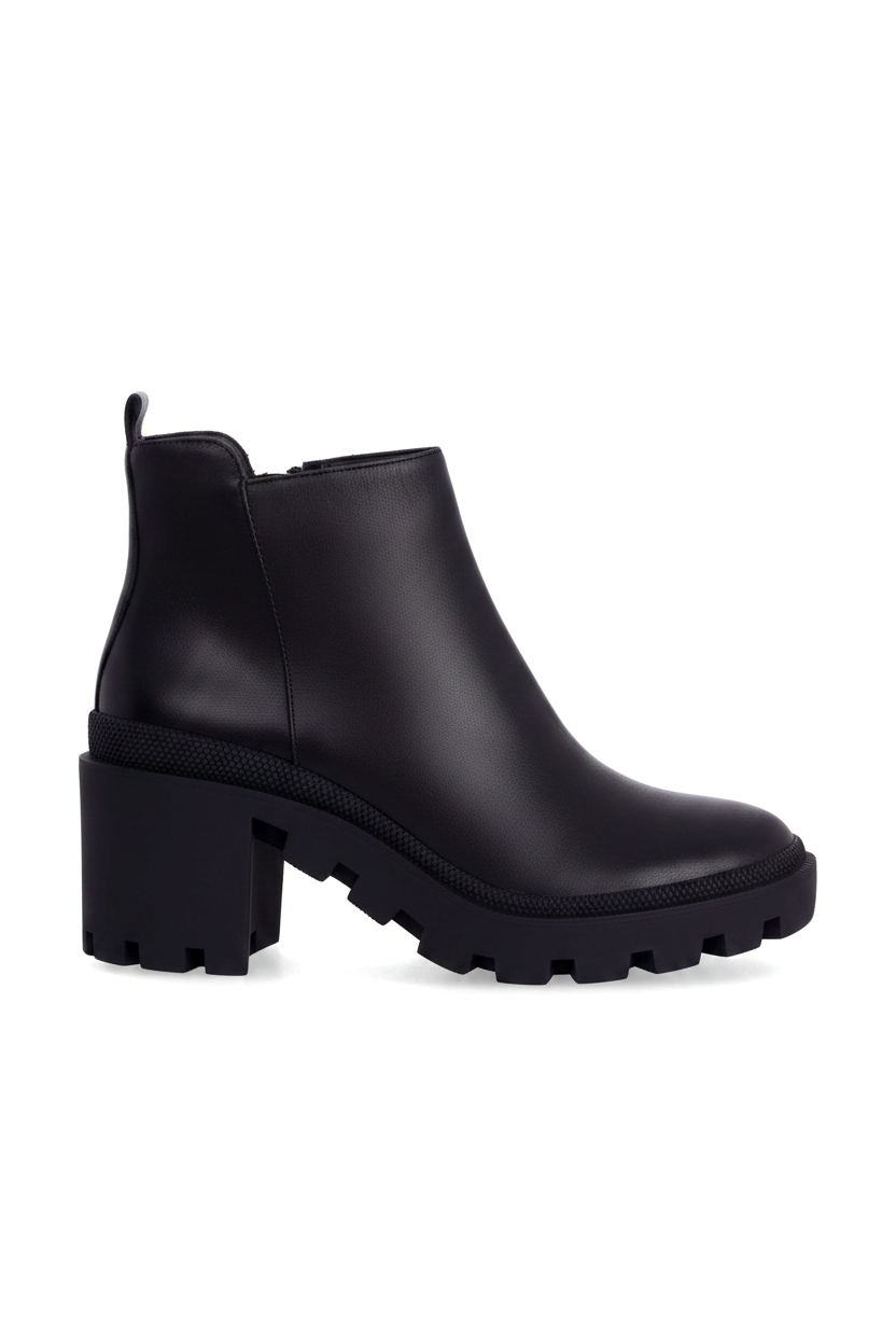 Sophora black leather ankle boots with chunky lug sole and block heel, side view on white background