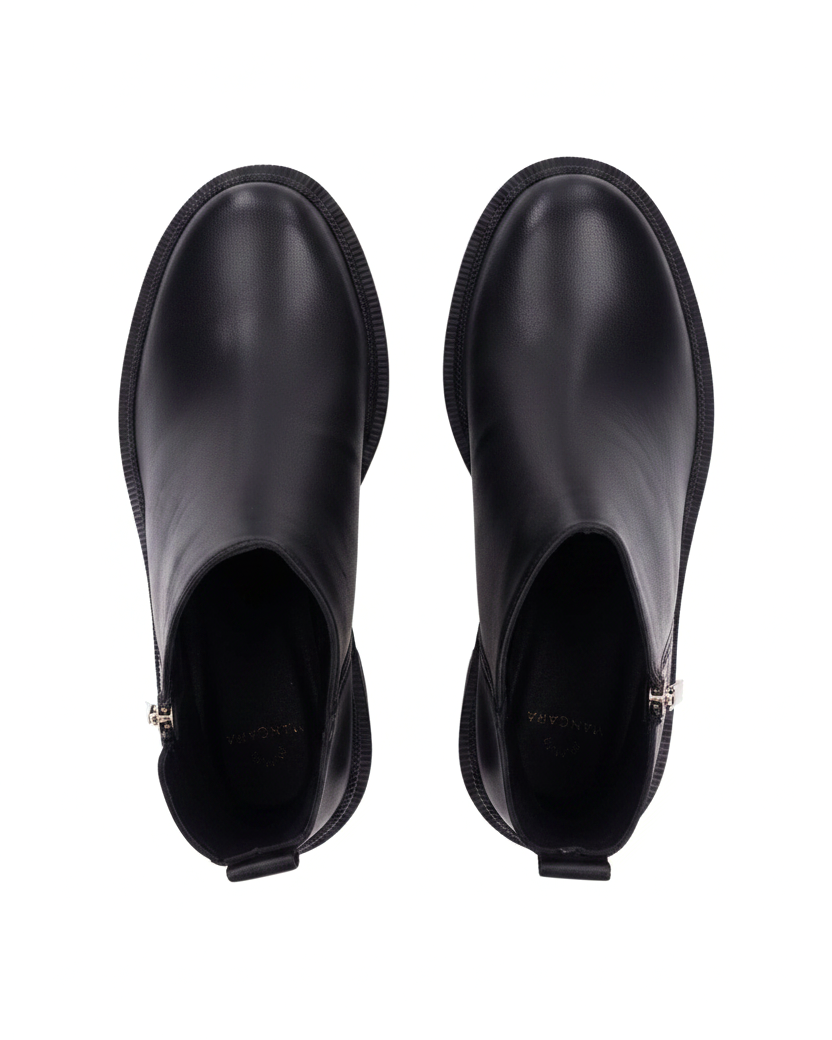 Sophora black leather ankle boots top view showing round toe, silver zip and textured rubber welt