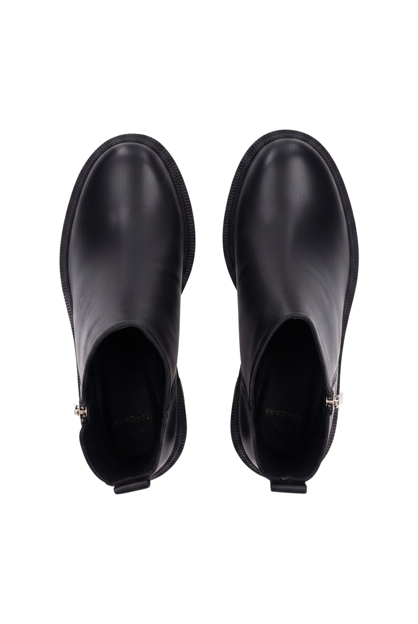 Sophora black leather ankle boots top view showing round toe, silver zip and textured rubber welt
