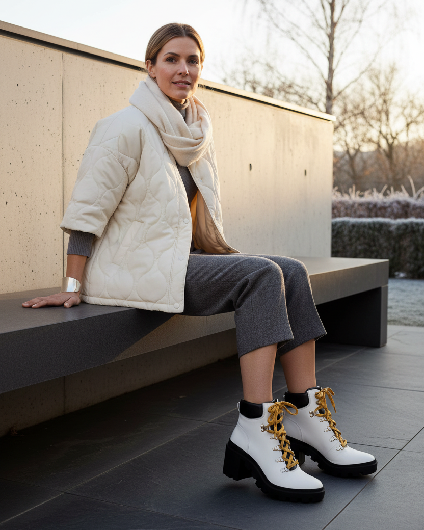 Mangará Vriesea white leather hiker boots worn with slim trousers on a winter terrace