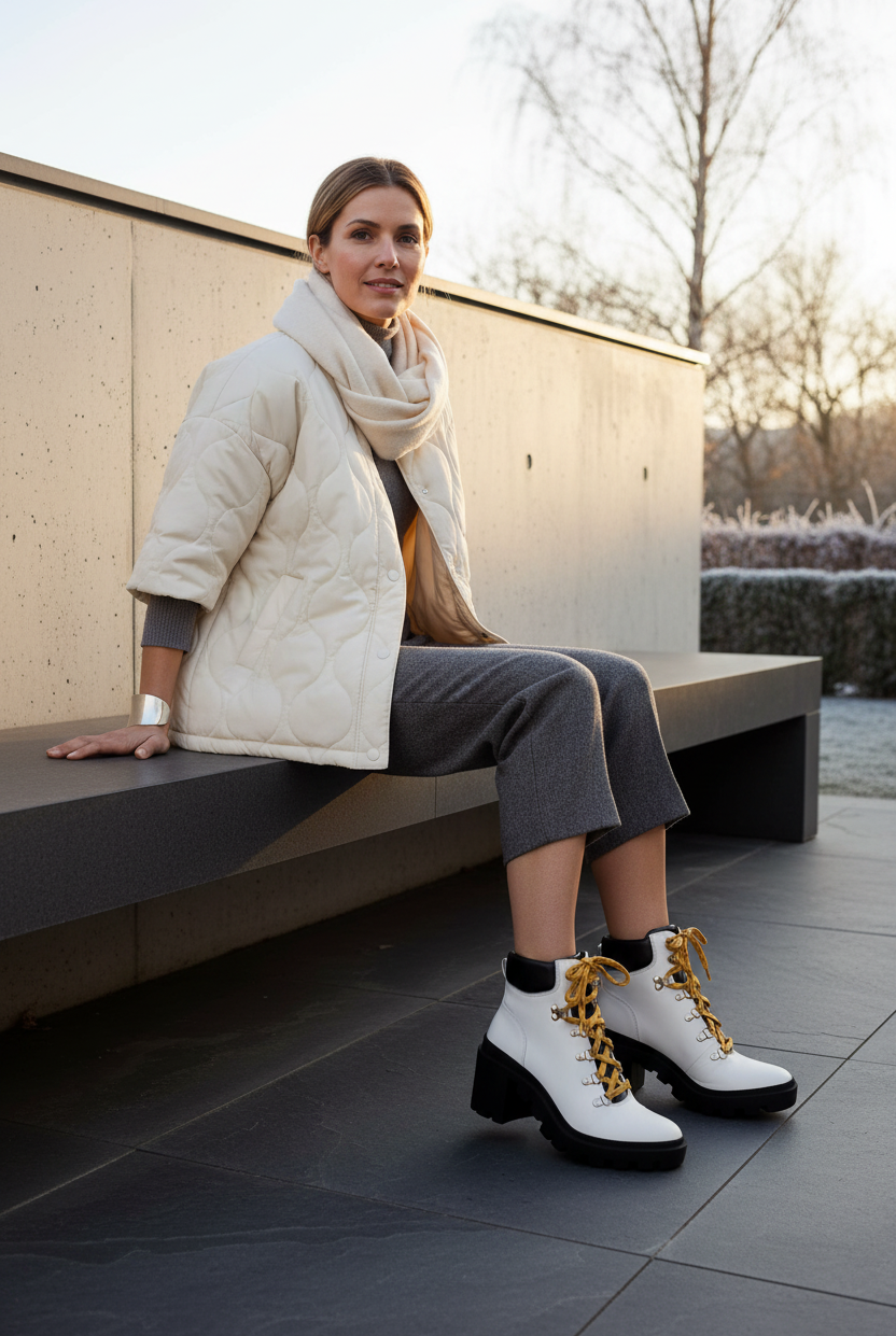 Mangará Vriesea white leather hiker boots worn with slim trousers on a winter terrace