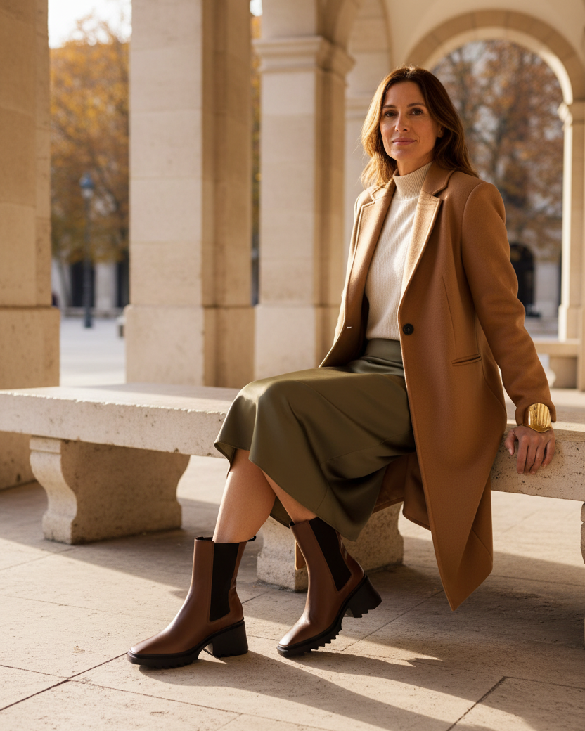 Woman wearing Arachis brown leather Chelsea boots under a stone arcade in autumn light