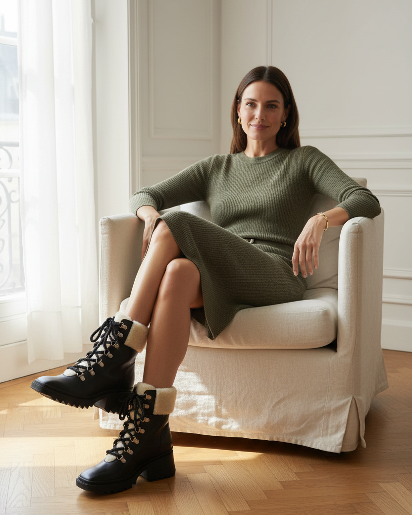 Cassia black leather combat boots with cream shearling collar, rope laces and lug sole, styled with an olive knit dress in a bright interior