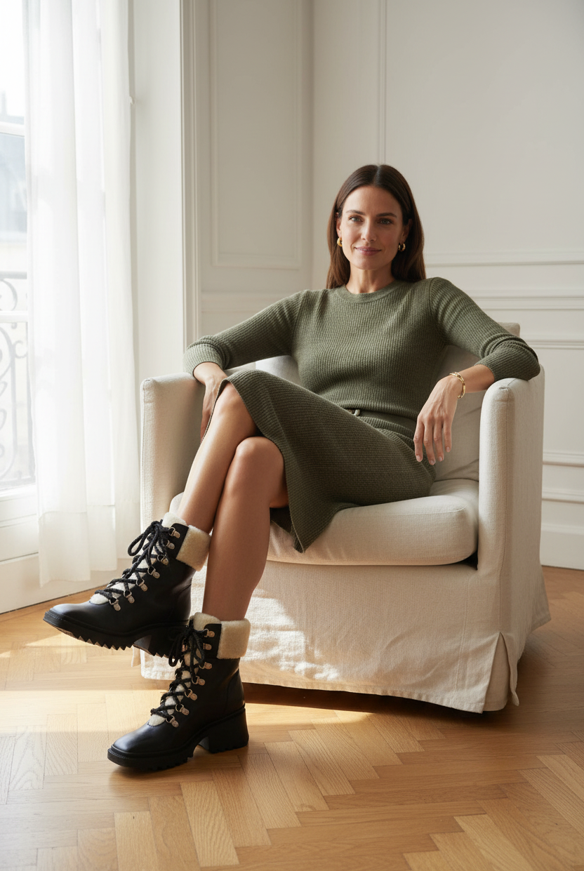 Cassia black leather combat boots with cream shearling collar, rope laces and lug sole, styled with an olive knit dress in a bright interior
