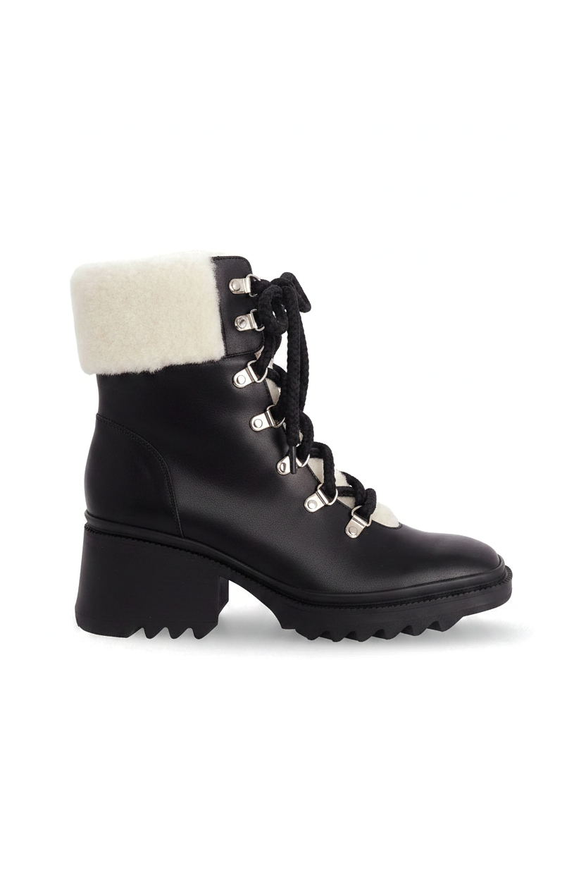 Cassia black leather combat boots side view with shearling collar and lug sole
