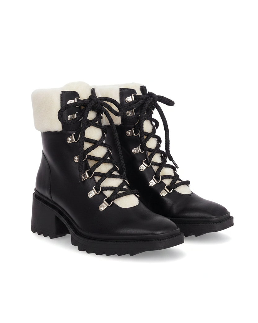 Cassia black leather combat boots three quarter view showing rope laces and silver hooks