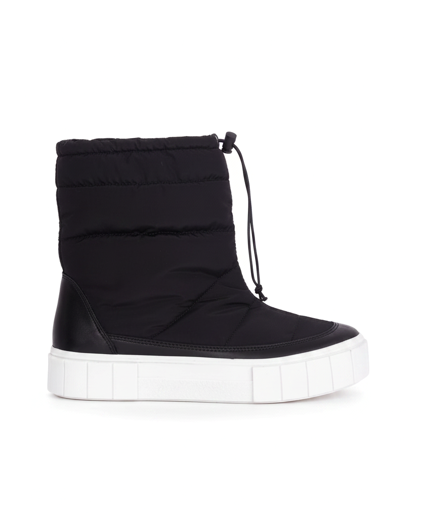 Andira black quilted nylon waterproof winter boots with white platform sole, side view on white background