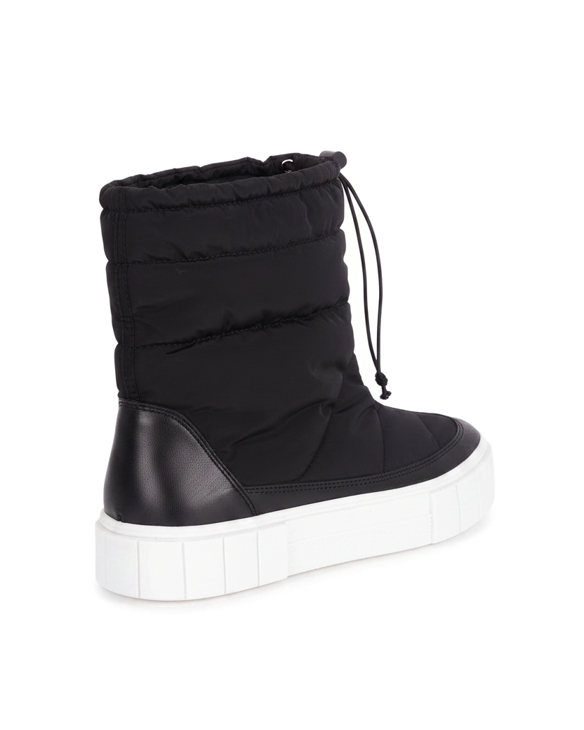 Andira black quilted nylon winter boots, three quarter rear view showing the white platform sole