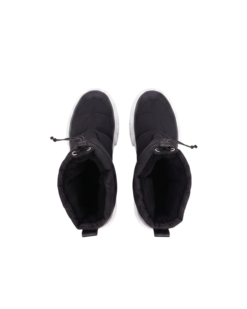 Andira black nylon winter boots top view showing the black fleece lining and drawstring
