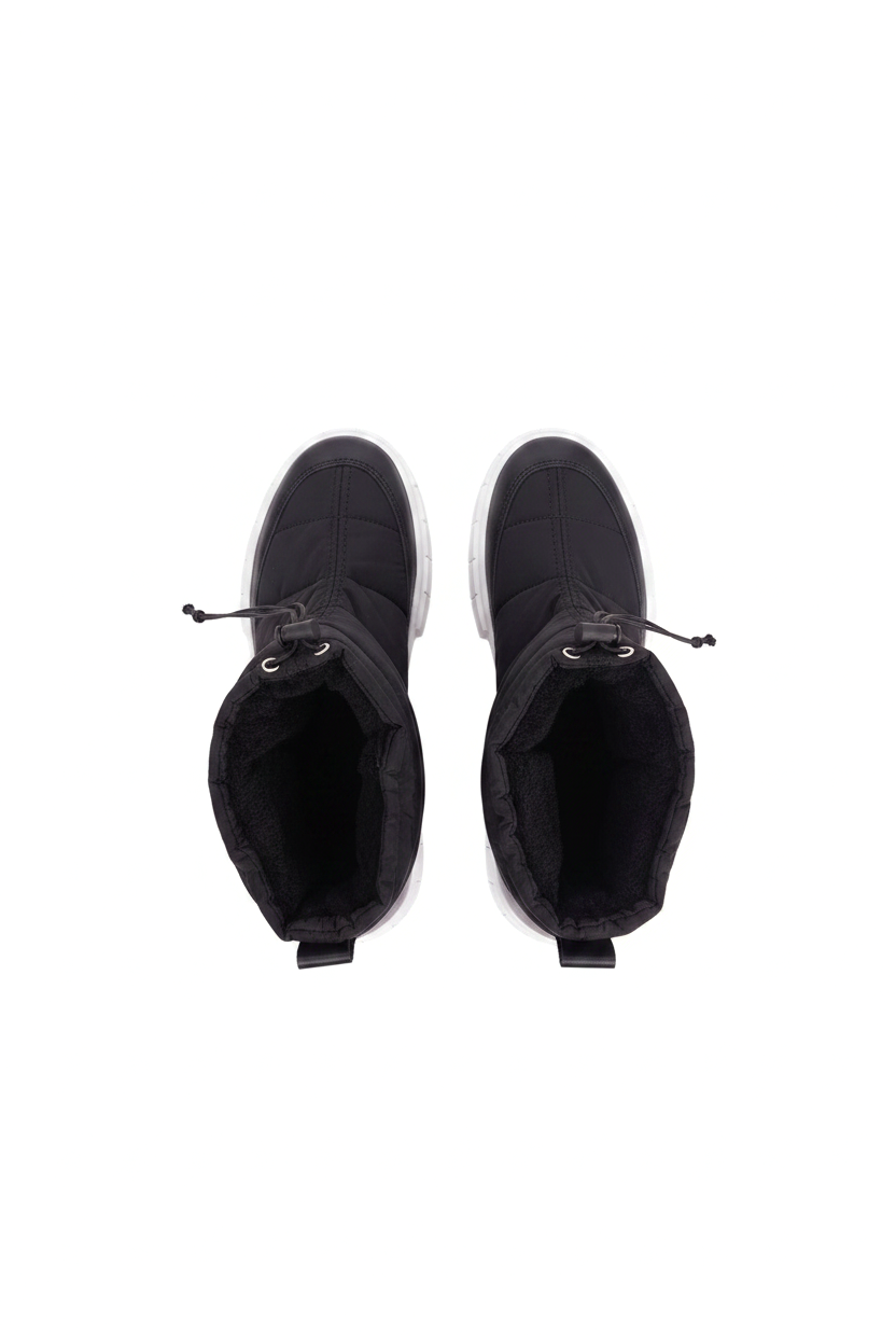 Andira black nylon winter boots top view showing the black fleece lining and drawstring