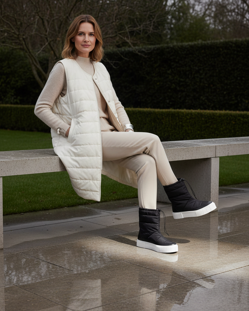 Woman wearing Andira black quilted nylon waterproof boots with trousers tucked in, on a wet garden terrace