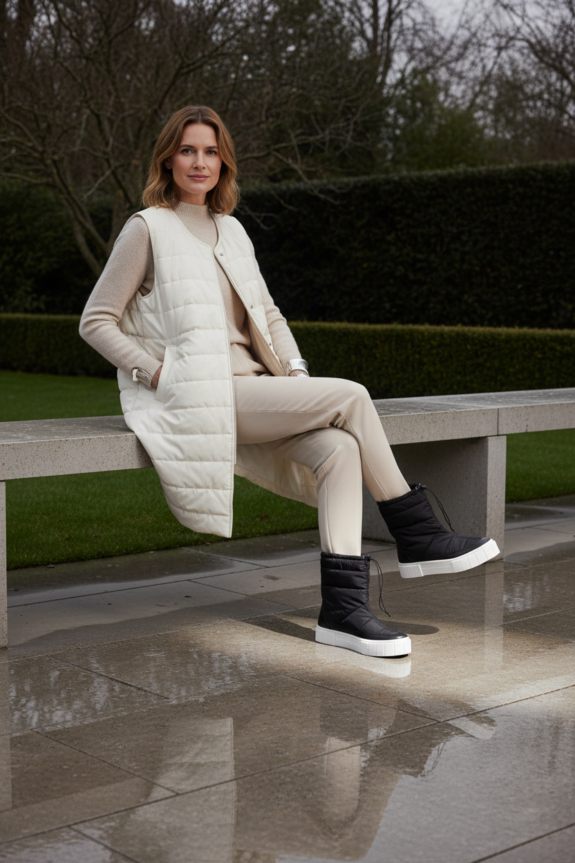 Woman wearing Andira black quilted nylon waterproof boots with trousers tucked in, on a wet garden terrace