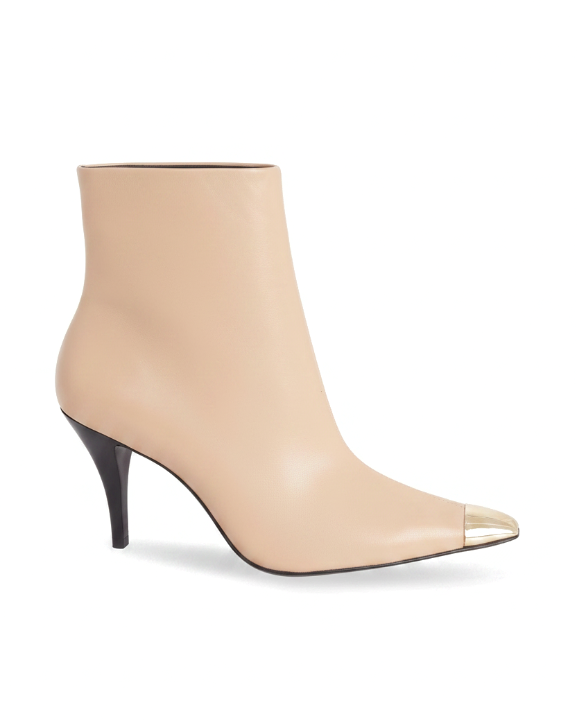 Inga beige leather ankle boots side view with gold toe cap and 8.7cm black stiletto heel