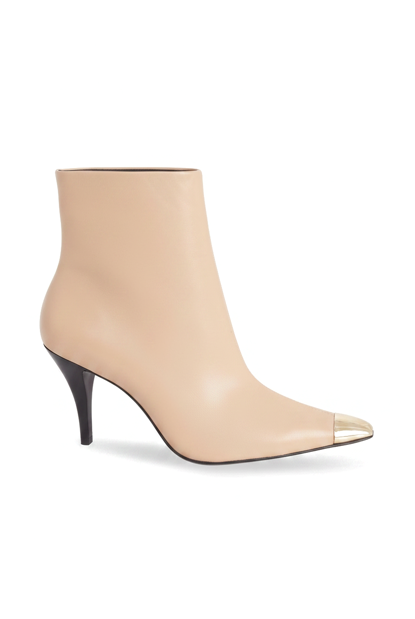 Inga beige leather ankle boots side view with gold toe cap and 8.7cm black stiletto heel