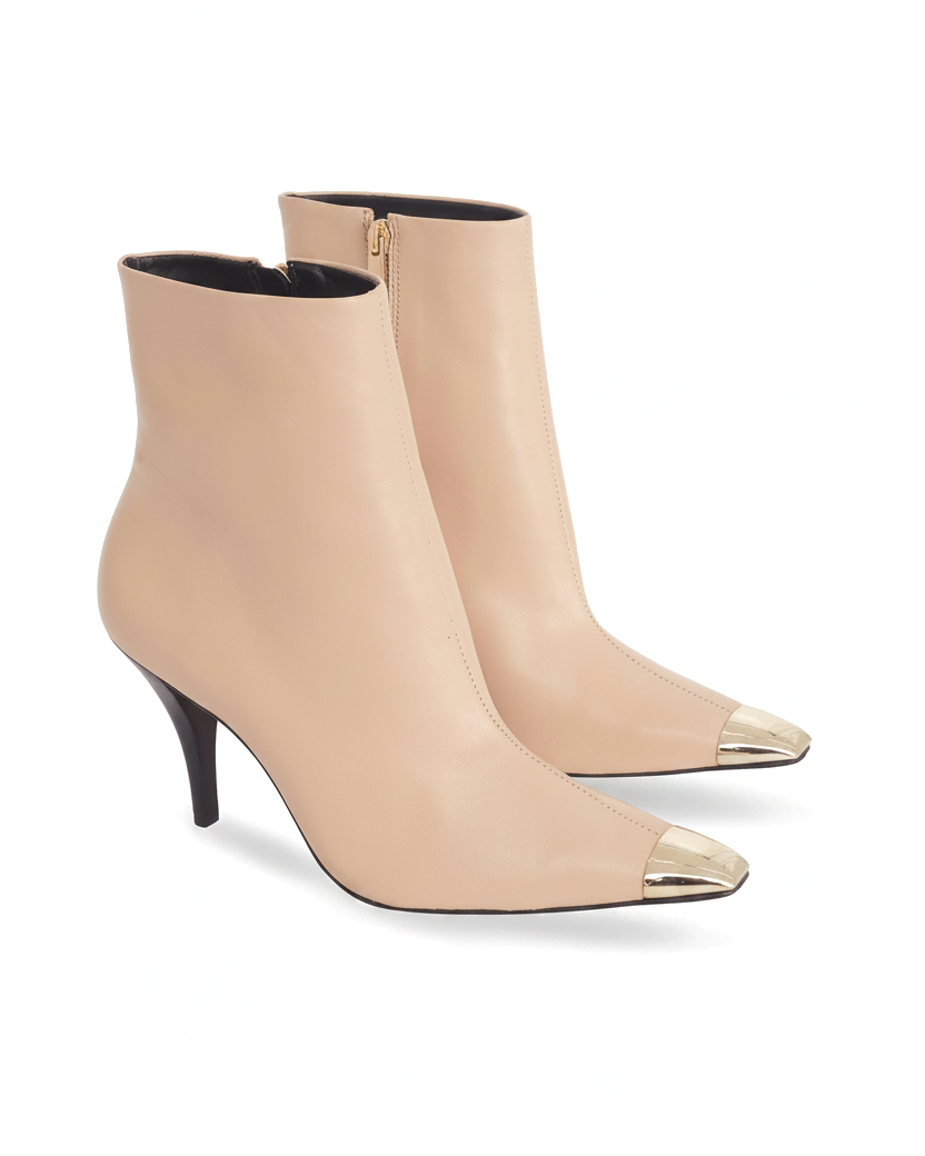 Inga beige leather ankle boots three quarter view showing the gold side zip
