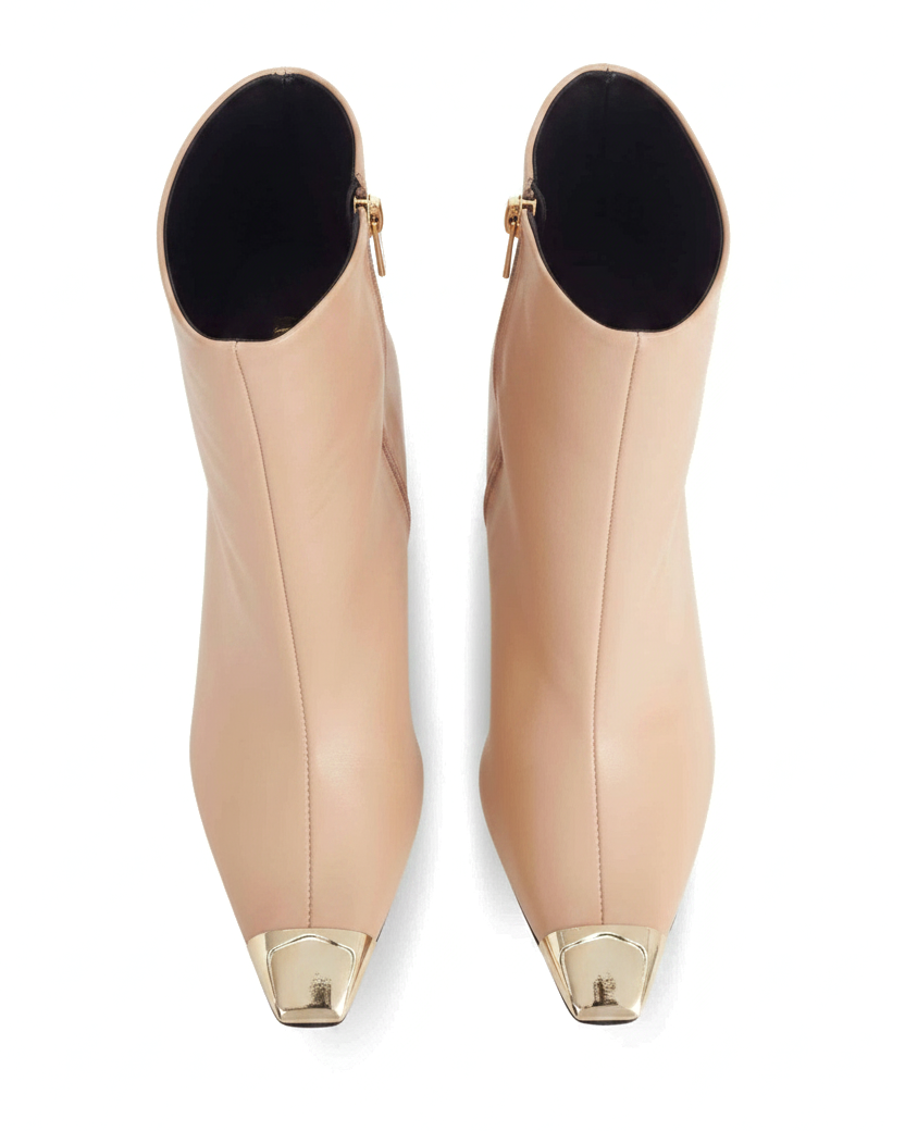 Inga beige leather ankle boots top view showing the pointed gold toe caps