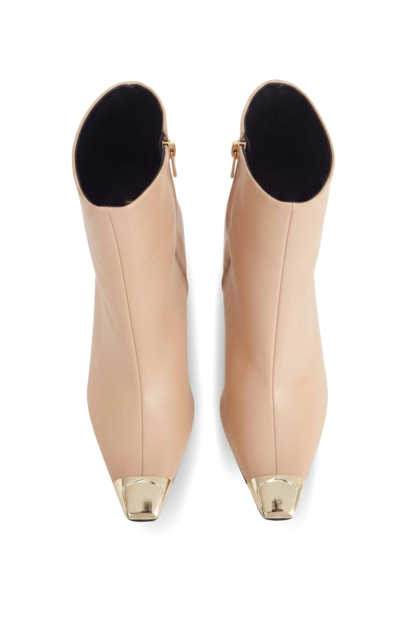 Inga beige leather ankle boots top view showing the pointed gold toe caps