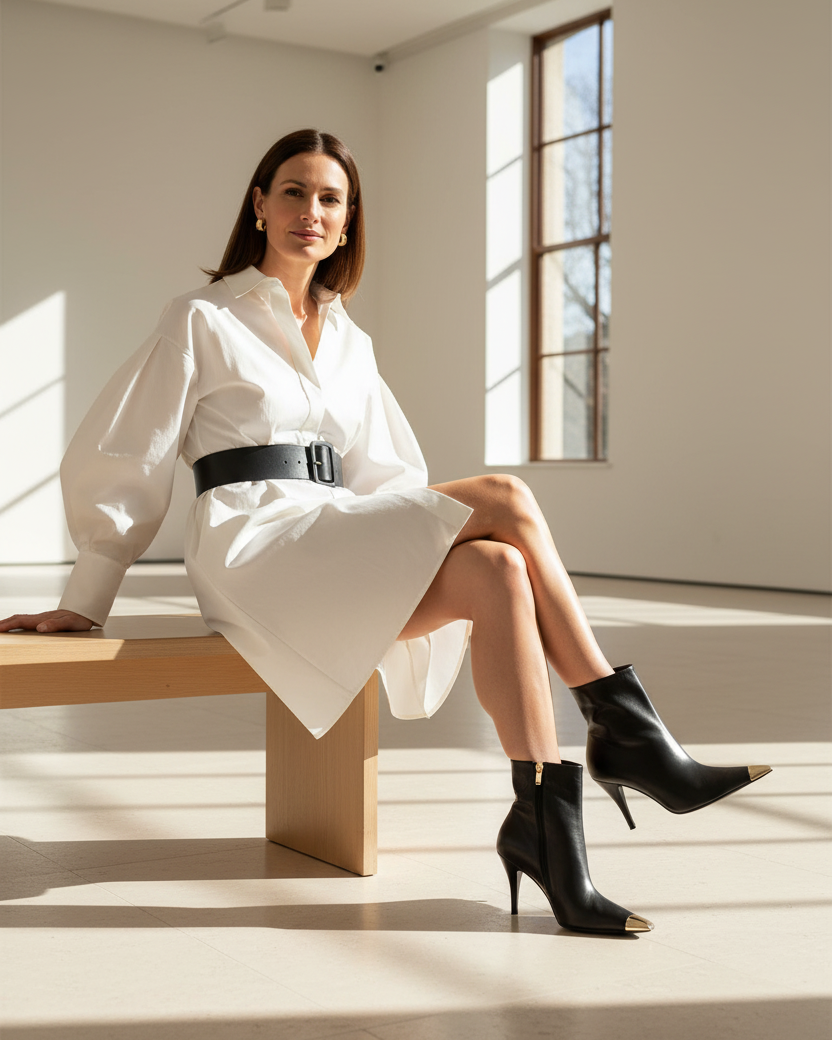 Inga black leather ankle boots with gold toe cap styled with an ivory poplin shirt dress on pale limestone