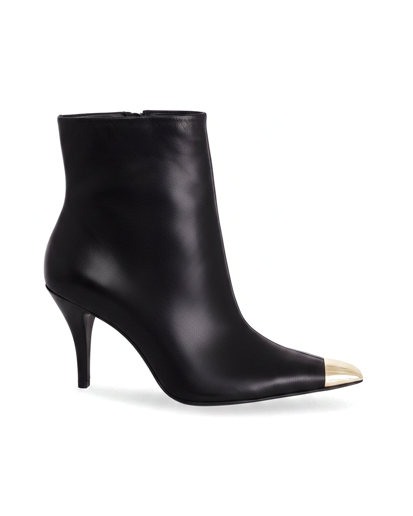 Inga black leather ankle boots side view with gold toe cap and 8.7cm stiletto heel
