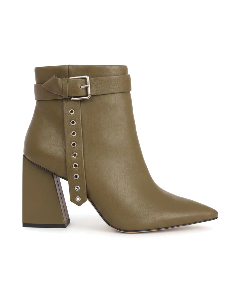 Salvia olive green leather ankle boots with silver buckle strap and eyelet tab, side view on white background