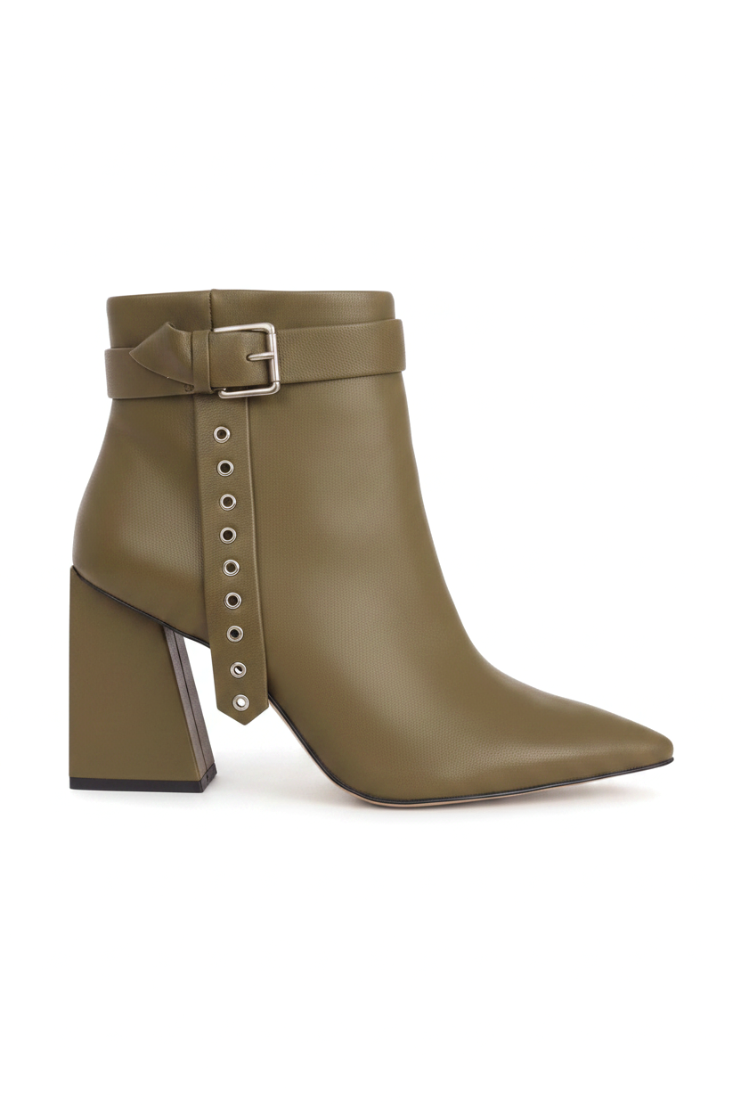 Salvia olive green leather ankle boots with silver buckle strap and eyelet tab, side view on white background