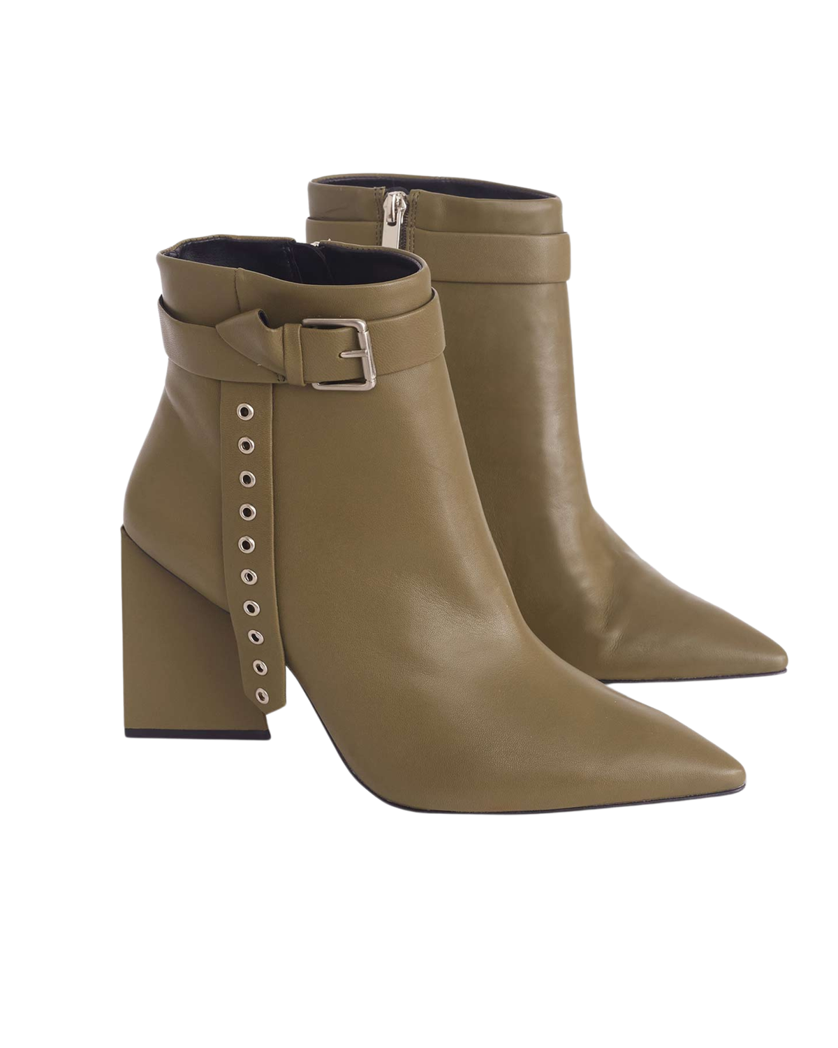 Salvia olive green leather ankle boots, pair seen from the rear showing the block heel and eyelet strap