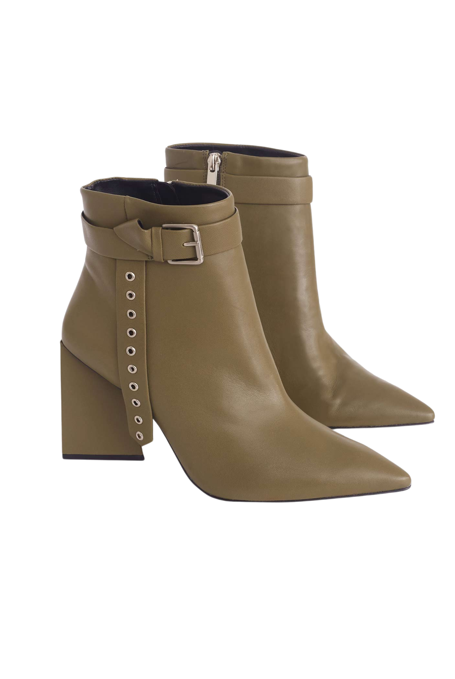 Salvia olive green leather ankle boots, pair seen from the rear showing the block heel and eyelet strap