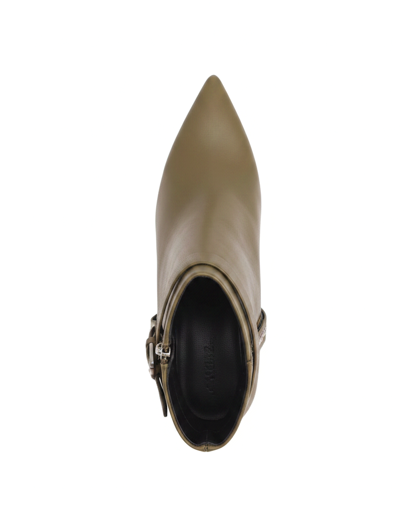 Salvia olive green ankle boots top view showing sharp pointed toe and buckle strap