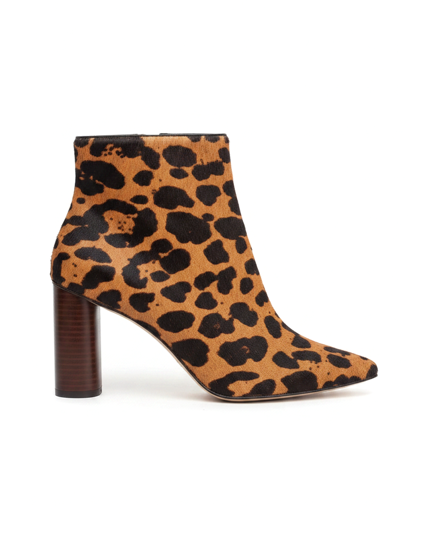 Sapucaia leopard print calf hair ankle boots side view with cylindrical wooden heel