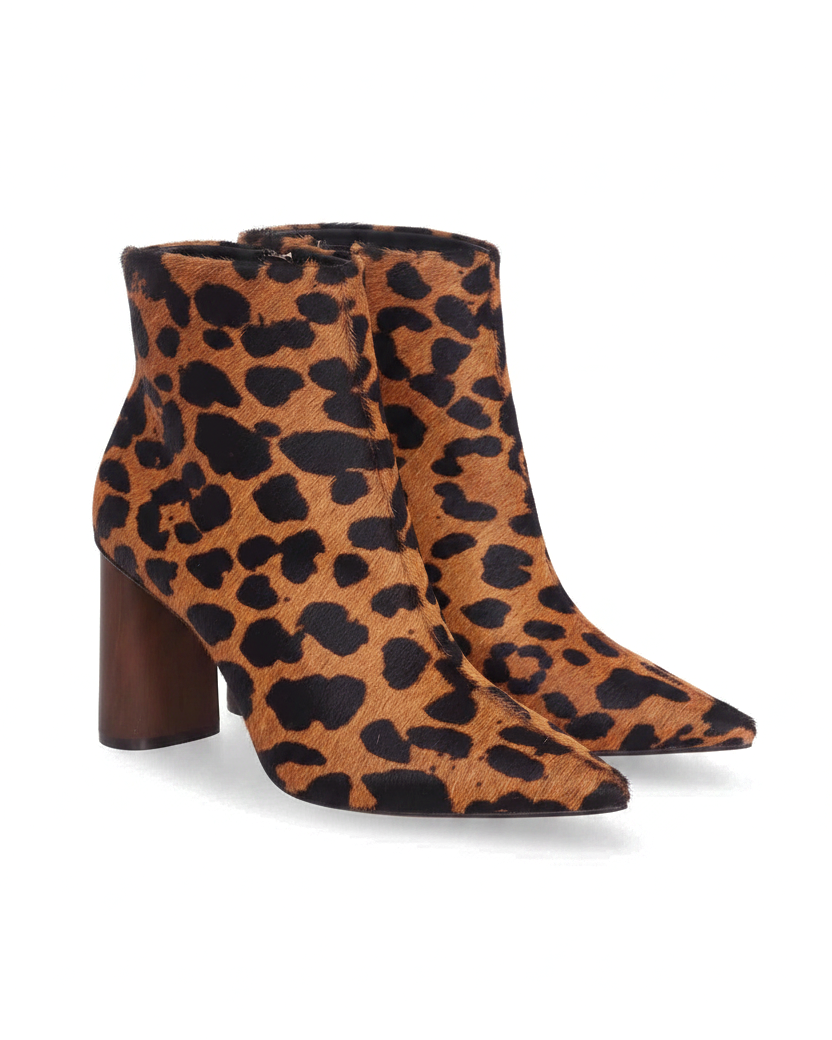 Sapucaia leopard print calf hair ankle boots three quarter view with pointed toe