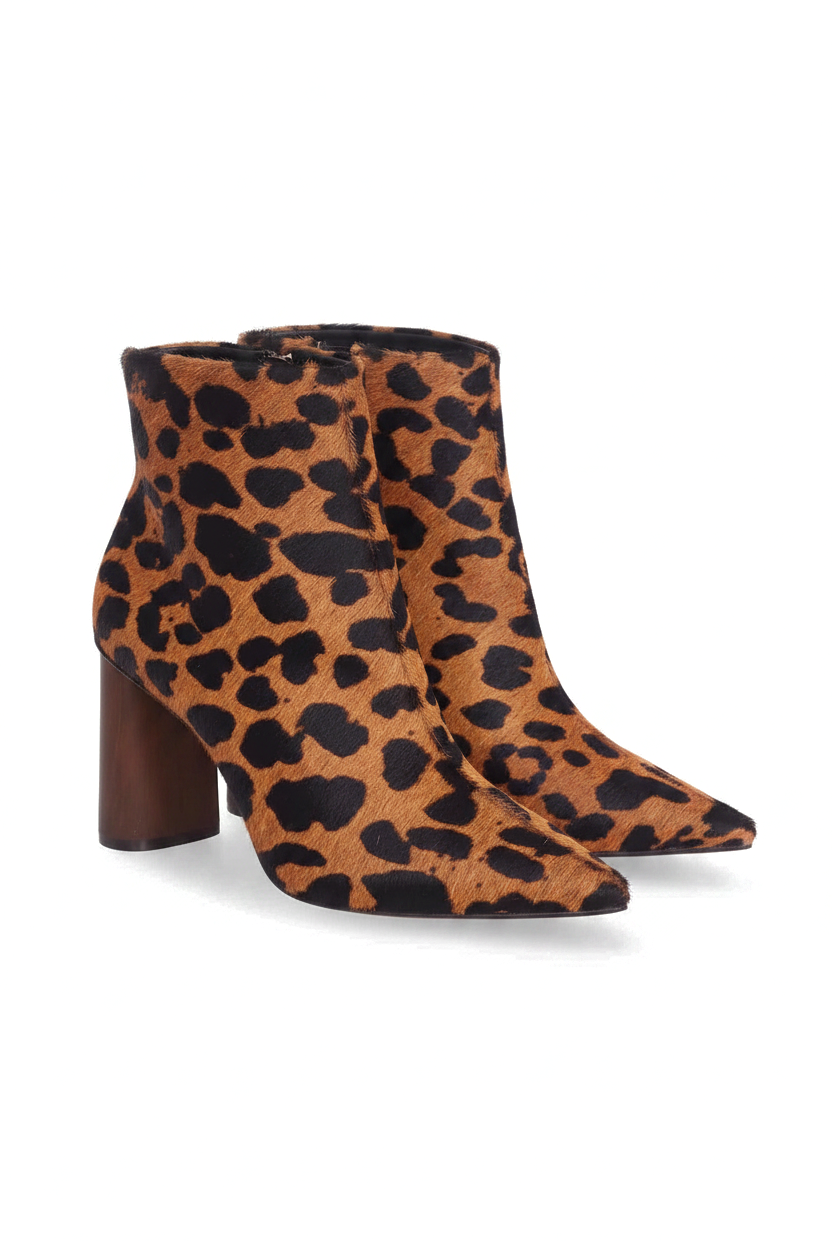 Sapucaia leopard print calf hair ankle boots three quarter view with pointed toe