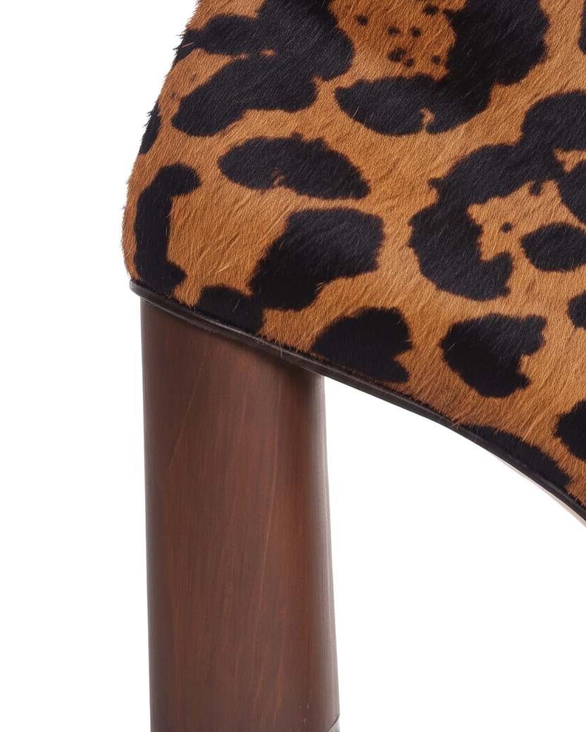 Close up detail of the calf hair texture and cylindrical wooden heel on the Sapucaia boots