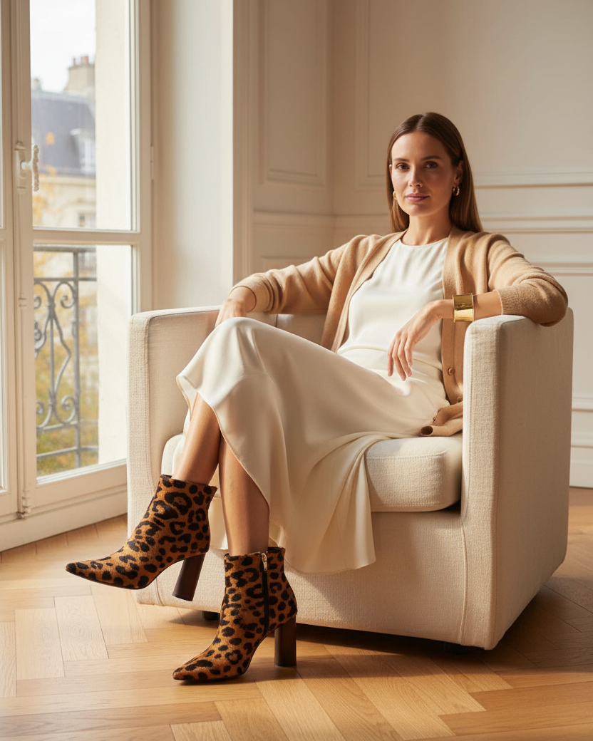 Sapucaia leopard print calf hair ankle boots with dark cylindrical wooden heel, styled with an ivory silk dress in a classic interior