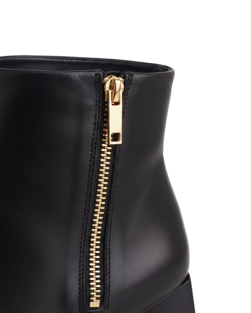Close up of the gold inner zip on Mabea black leather ankle boots