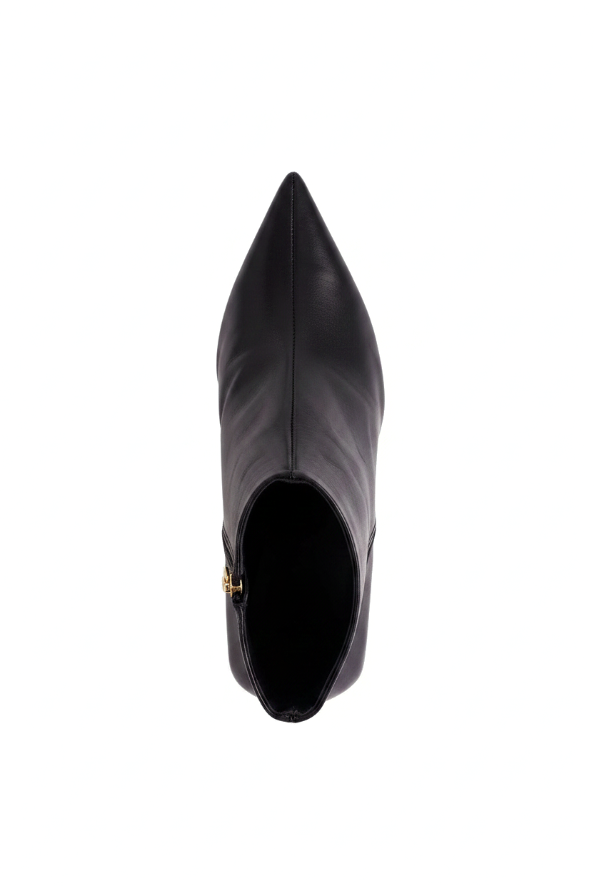 Mabea black leather ankle boots top view showing centre seam, pointed toe and gold zip pull